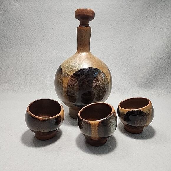 Robert Maxwell Pottery Craft USA 9in Decanter 3 Cups MCM 1970s Geometric Browns - Picture 2 of 14